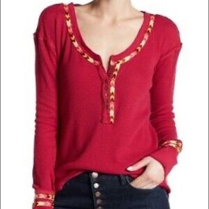 Free People Rainbow Pink Thermal Embroidered Henley Shirt